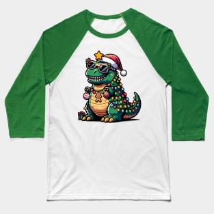 Tree-Rex Holiday Dinosaur - Christmas Tree T-Rex TreeRex Pun with Santa Hat, Lights and Ornaments Baseball T-Shirt